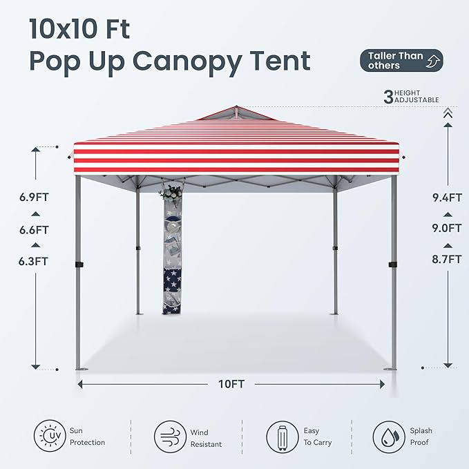 PHI VILLA 10’x10’ Pop Up Canopy Tent - One Push Setup, Instant Shade Tent with Vented Roof for Beach & Events - Includes Storage Bag, Sandbags, Stakes & Ropes (American Flag)