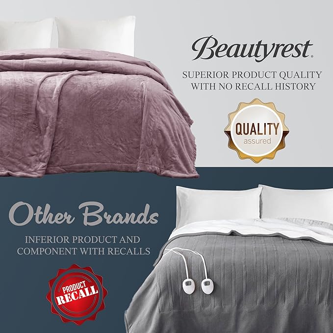 Beautyrest Heated Electric Blanket for Cold Weather, Fast Heating Heated Blanket, Auto Shut Off, Virtually Zero EMF, Multi Heat Setting, UL Certified, Lavender Throw (60 inx70 in)