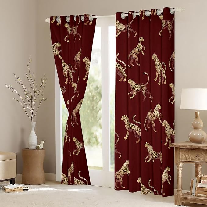 Leopard Window Curtain | Wild Animal Cheetah Blackout Curtain for Teens Bedroom Decor,Africa Animals Curtains Vintage Red Living Room Top 2 Panels,42Wx90L