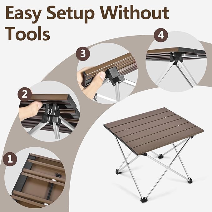 Grope Portable Camping Table with Aluminum Table Top, Folding Beach Table Easy to Carry, Prefect for Outdoor, Picnic, BBQ, Cooking, Festival, Beach, Home (Coffee-S)