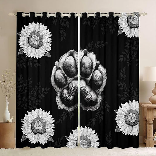 Manfei Bear Paw Print Blackout Curtains Sunflower Leaves Print Window Drapes,Wild Animal Footprints Window Treatments,Kids Boys Girls Room Decor,Grommet Top 2 Panel Set Bedroom Curtains, 42Wx90L inch