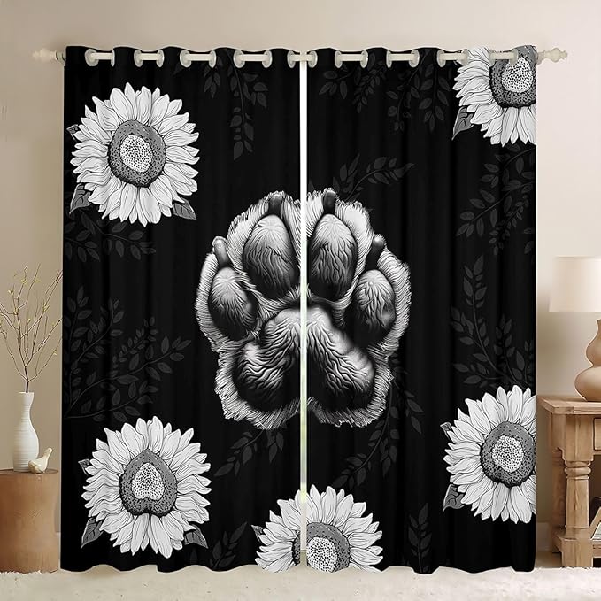 Manfei Bear Paw Print Blackout Curtains Sunflower Leaves Print Window Drapes,Wild Animal Footprints Window Treatments,Kids Boys Girls Room Decor,Grommet Top 2 Panel Set Bedroom Curtains, 42Wx63L inch
