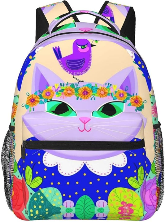 Men Women Polyester Cartoon Cats Birds Flowers Childlike And Dreamy Art Daypack Backpack Large Capacity Carry On Bag With Smooth Zippers for Hiking Picnic Walking Cycling