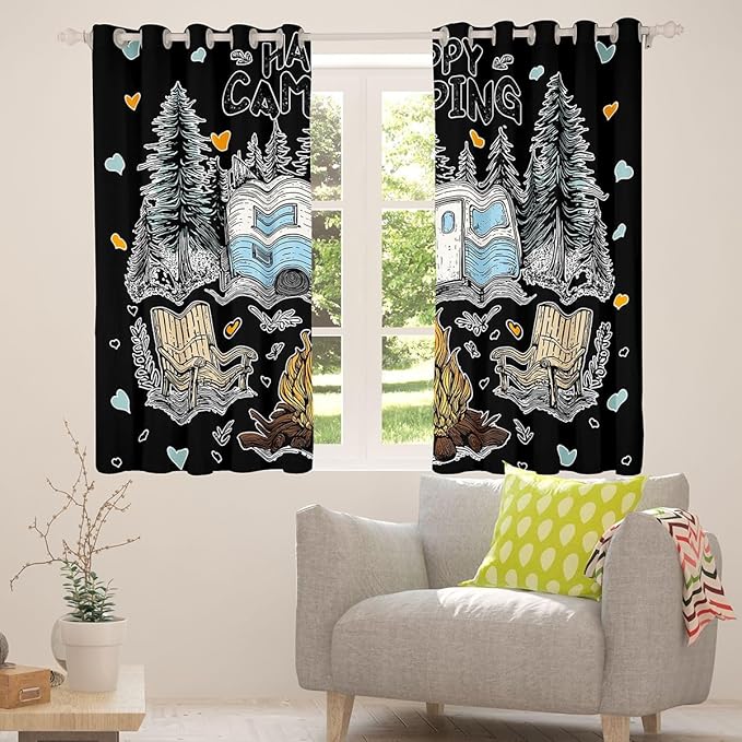 Feelyou Black Camping Camper Rv Curtains for Bedroom Living Room Rustic Farmhouse Camper Blackout Shades Happy Camping Room Darkening Curtain Window Treatments, 2 Panels 52 x 63 Inch Decor