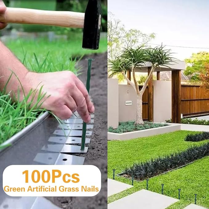 Bakulyor 100 Pack Metal Landscape Stakes, 8 Inch Artificial Grass Nails, 6 Gauge Large Landscaping Staples, Green Edging Anchor Stake for Garden Ground Lawn Paver Timber Border Weed Barrier Spikes 8"