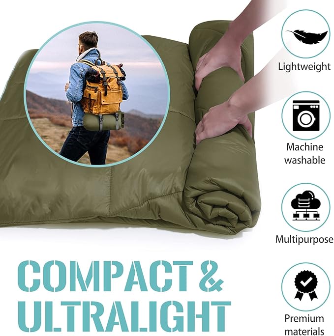 Outdoor Puffy Camping Blanket, Lightweight Down Alternative Puffy Printed Camping Large Ultra Warm Hammock Top Quilt Waterproof Blanket for Traveling Picnic Beach Party Cold Weather (Olive)