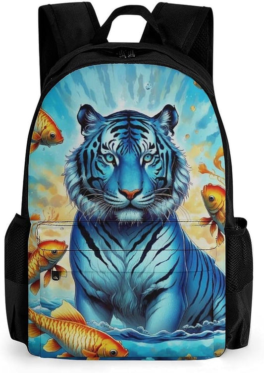 Rucksack Multipurpose Anti-Theft Big Capacity Shoulder Bag, Trippy Tiger Goldfish Travel Hiking Camping Rucksack With Side Pockets