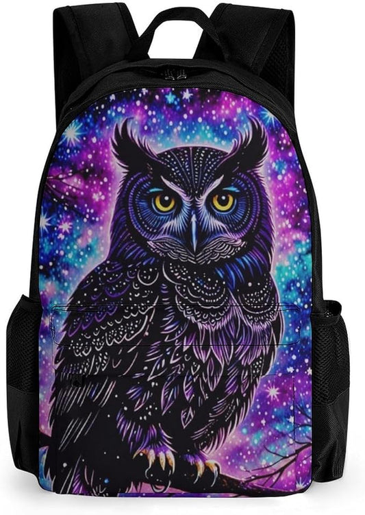 Men Women Polyester Galaxy Owl Daypack Backpack Large Capacity Carry On Bag With Smooth Zippers for Hiking Picnic Walking Cycling