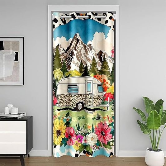 Happy Camping Doorway Curtains Privacy for Kids - Colorful Spring Floral Blackout Curtain Retro Leopard Print RV Camper Closet Door Curtain Wild Cheetah Skin Pattern Room Divider Drape 34"W x 80"L