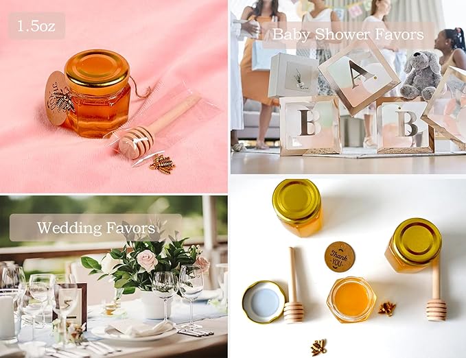 Adabocute Mini Honey Jars with Dipper - Hexagon Honey Pot Set with Gold Lid, Bee Pendants, Jutes, Gold Organza Bags and Stickers - Perfect for Baby Shower Party Favors Wedding Favors, 60 Pack 1.5oz