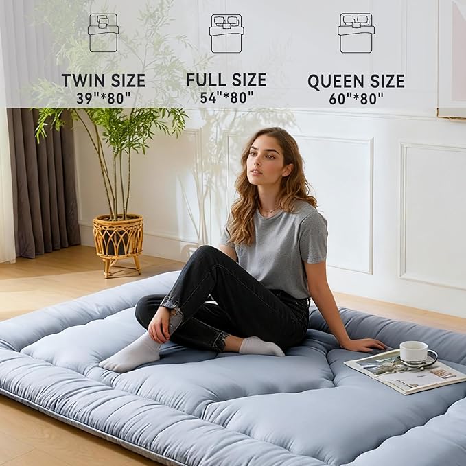 Japanese Floor Mattress, 3.5" Thicken Futon Mattress Tatami Mat, High Density Foam Support for Adult Kids Sleep, Portable Futon Sofa Bed for Camping, Pet Mat, Queen 80"x 60"（Silver Gray）