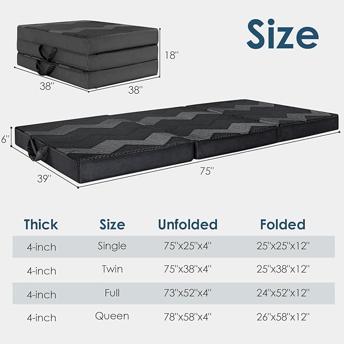 INGEROOM Foldable Mattress Full - Memory Foam 4 inch Trifold Mattress for Camping, with Portable Handle, Non-Slip Folding Floor Bed Sofa for Guest Travel Yoga, Washable Breathable Cover