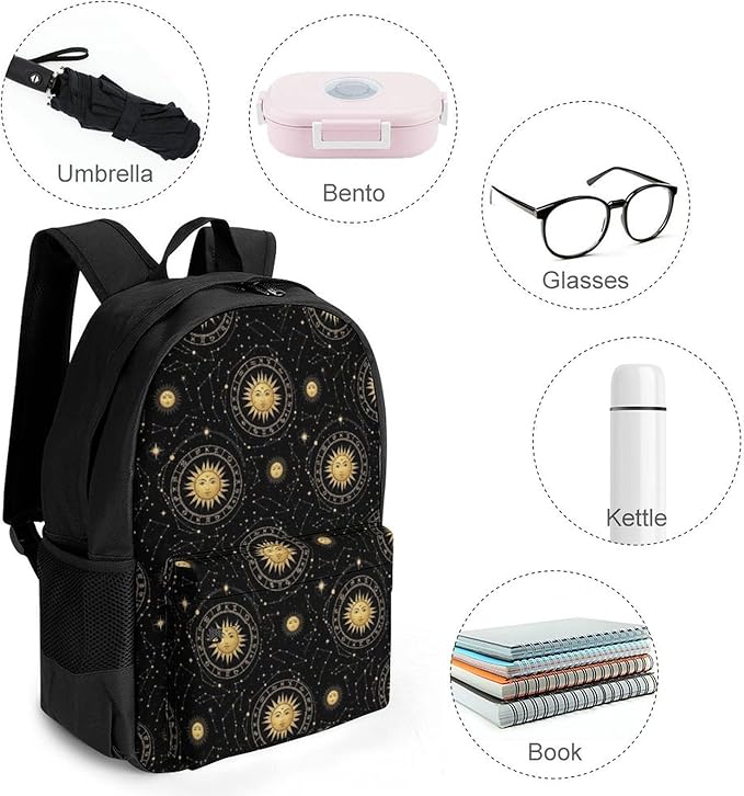 Men Women Polyester Mystical Constellations Space Gold Zodiac Sun Moon Stars Daypack Big Capacity Shoulder Bag With Adjustable Shoulder Straps for Camping Travel Walking Cycling