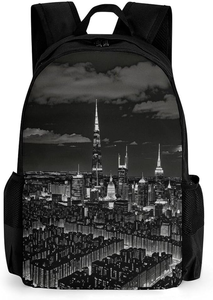 Women Men Polyester New York City Night View Casual Daypack Large Capacity Bookbag With Side Pockets for Sports Picnic Walking Cycling