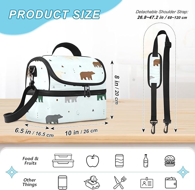 Double-layer Lunch Bag Bears Double Deck Cooler Bags with Strong Support for Beach, Travel, Car