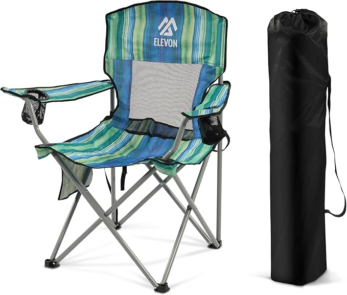Elevon Folding Camping Chairs, Portable Outdoor Beach Chair for Adults with Carry Bag & Cup Holder, Foldable Lawn Chair with Mesh Backrest for Camp Fishing Hiking Travel Picnic Sports,