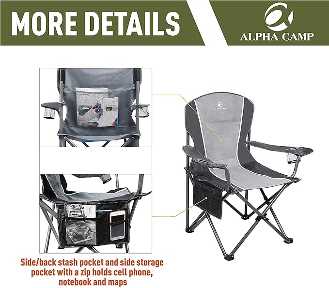 ALPHA CAMP Oversized Camping Folding Chair - Heavy Duty Steel Frame Support 350 LBS, Collapsible Padded Arm With Cup Holder, Quad Lumbar Back, Portable for Outdoor/Indoor