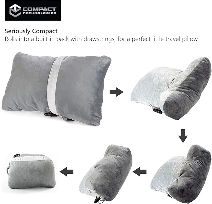 Compact Travel Pillow Made with Shredded Memory Foam and Super Soft Fleece Fabric for Ultimate Comfort in Travel. Patented Design Rolls and Compacts Small for Travel. (Grey)