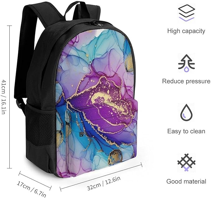 Polyester Daypack Backpack for Trekking Picnic Walking Cycling, Large Capacity Anti-Theft Multipurpose Shoulder Bag, Purple Gold Marble Casual Daypack