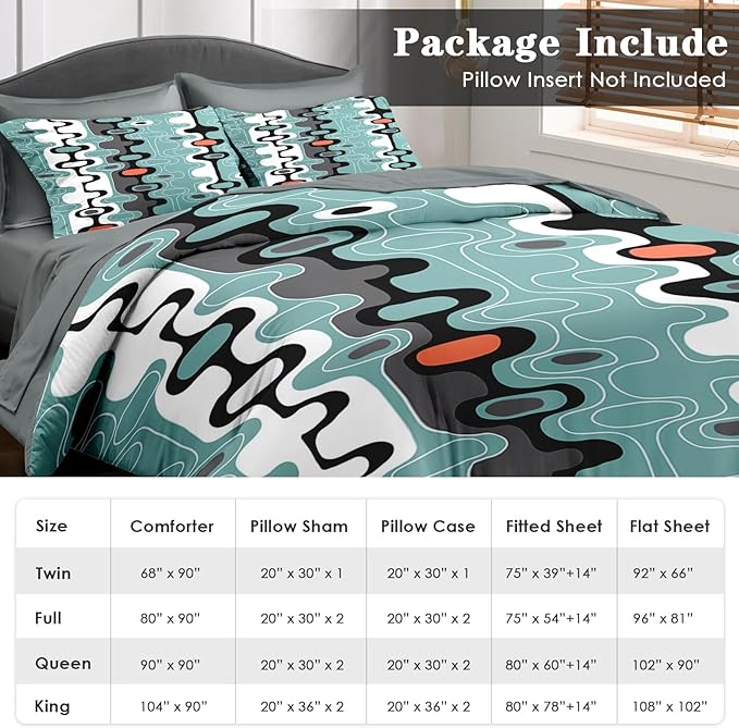 Comforter Set King Size, Mid Century Retro Stripe 7 Pcs Bedding for Kids and Adults, Vintage Geometric Cool Bed Sheet Sets with Fitted Sheet 2 Pillowcases & 2 Shams for Bedroom Bed Decor