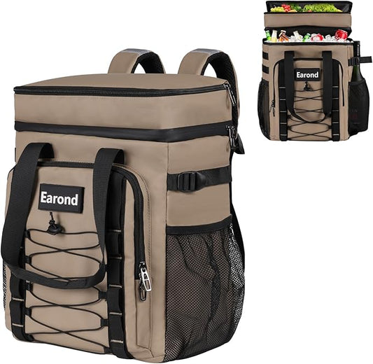 25L Insulated Cooler Backpack with Waterproof Zipper & Multi-Compartment Design Leakproof Lunch Bag for Beach, Camping, Office - Spacious Thermal Light-Weight Backpack for Men and Women-Khaki