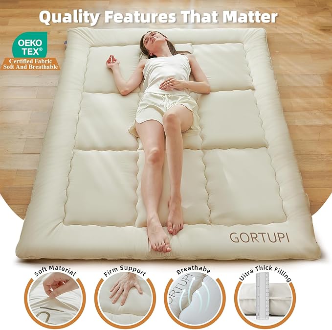 Japanese Floor Futon Queen Foldable Futon Mattress for Floor Tatami Mattress Portable Rollaway Bed for Guest Playmat for Kids Tatami Sleeping Pad Japanese Mattress for Adults Beige A