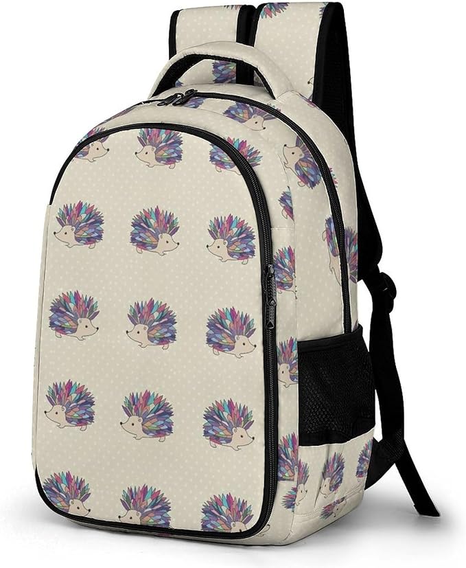Cute College Laptop Backpack Hedgehog Polka Dot, Sturdy Travel Business Bag with Tumbler Holder Gifts for Nurse Teacher Women