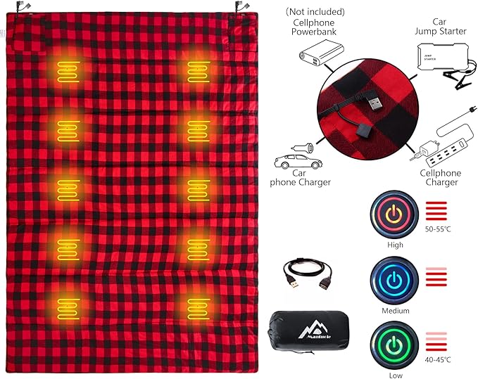 Heated Sleeping Bag pad, Heated Sleeping Bag Liner, 5 Heating Zones, Multi USB Power Supported, Operated by Battery Power Bank or Other USB Power Supply, Compact Bag Included.