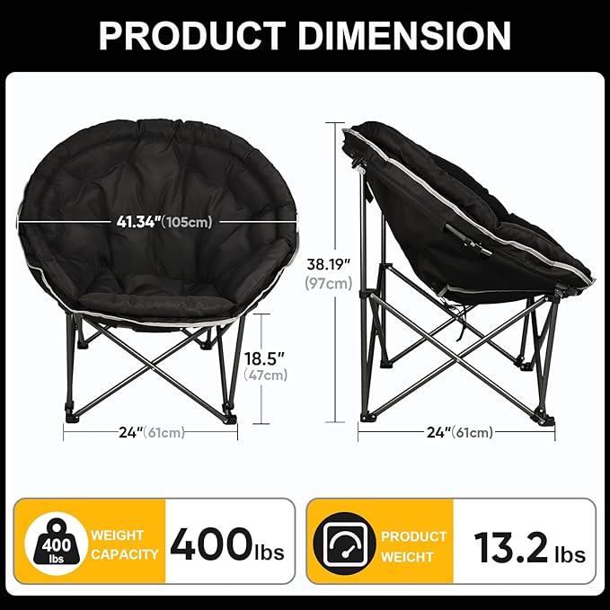Northroad Oversized Camping Moon Chair, Outdoor Padded Saucer Folding Round Chair, Supports up to 400 lbs for Outdoor Hiking Fishing Picnic Lawn