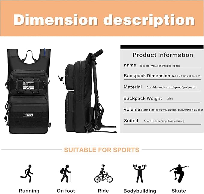 MOSISO Tactical Hydration Pack Backpack, Military Daypack Water Backpack Rucksack Bladder Bag with 3L Water Bladder&Elastic Cord Strap for Outdoor Sports,Hiking,Climbing,Running,Cycling,Biking, Black