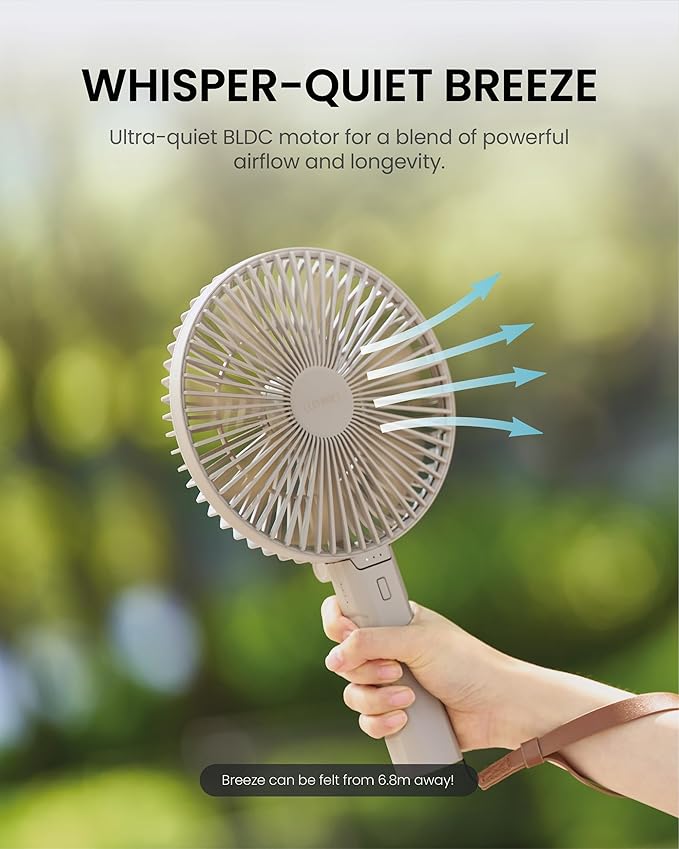 Claymore Handy A (Gray) Portable Handheld Fan – BLDC Motor Foldable, 4,900mAh Rechargeable, USB-C Charging, 3 Speed Settings Function Personal Fan for Travel, Outdoor & Indoor Use.