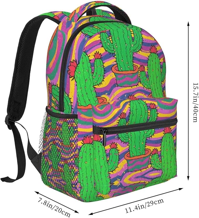 Men Women Polyester Psychedelic Cactus Art Backpack Large Capacity Bookbag With Smooth Zippers for Climbing Picnic Bicycle