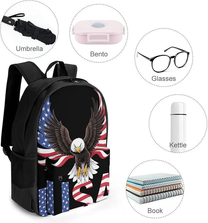 Supdreamc Polyester Daypack for Camping Travel Walking Cycling, Big Capacity Anti-Theft Multipurpose Bookbag, Patriotic American Eagle Flag Camping Outdoor Backpack