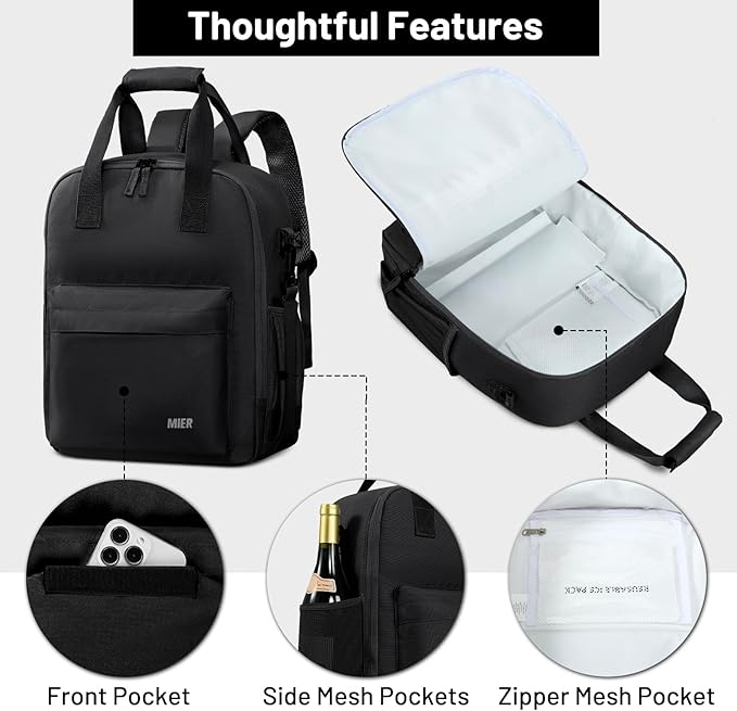 MIER Backpack Cooler 24 Cans Insulated Double Deck Soft Coolers Bag Lightweight Lunch Back Pack Women Men for Beach Travel Work Fishing, Black