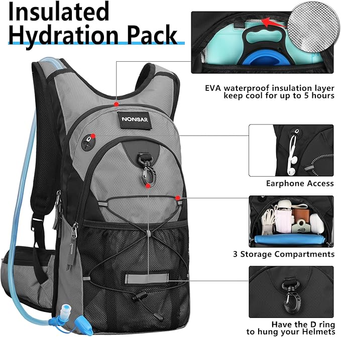 NONSAR Hydration Backpack, Hiking Backpack with 3L Water Bladder, Insulated Water Backpack for Women, Men, Kids, Keep Liquids Cool Up to 5 Hours, Daypack for Hiking, Running, Climbing, Cycling