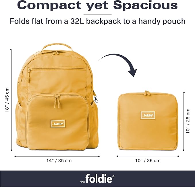 The Foldie Packable Backpack for Travel 32L - Lightweight Foldable Backpacks with Trolly Sleeve & RFID Protection - Water-repellent Casual Daypack Backpacks for Hiking, Camping & Gym - Yellow