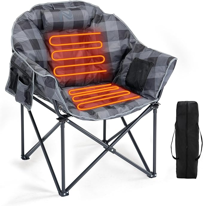 LILYPELLE Oversized Heated Camping Chair, Patio Lounge Chairs with 3 Heat Levels, Portable Folding Heated Chair Round Moon Saucer Folding Lawn Chair Outdoor Chair for Camping, Lounge Patio