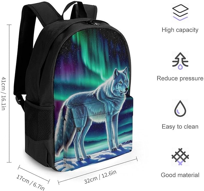 Men Women Lightweight Starry Galaxy Cool Wolf Art Daypack Bookbag Big Capacity Carry On Bag With Side Pockets for Camping Travel Bicycle