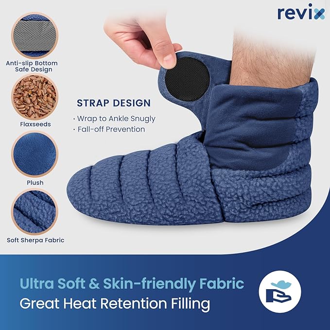 REVIX Microwave Booties for Cold Feet & Discomfort Relief, Heated Slippers for Women & Men with Moist Heat Therapy, Microwavable Foot Warmers for Home & Bed Use, Adjustable Non-Slip Slippers, Navy L