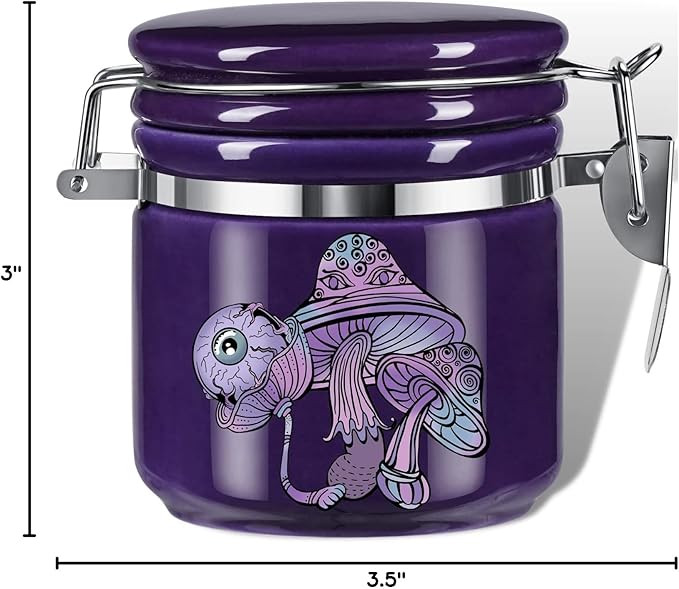 Mushroom Smell Proof Container Half Oz (250ml), Separate Space for Humidity Pack To Keep Herbs Fresh For Months - Cute Girly Stash Jar, Smell Proof Case Airtight Storage Holder Accessories - Purple