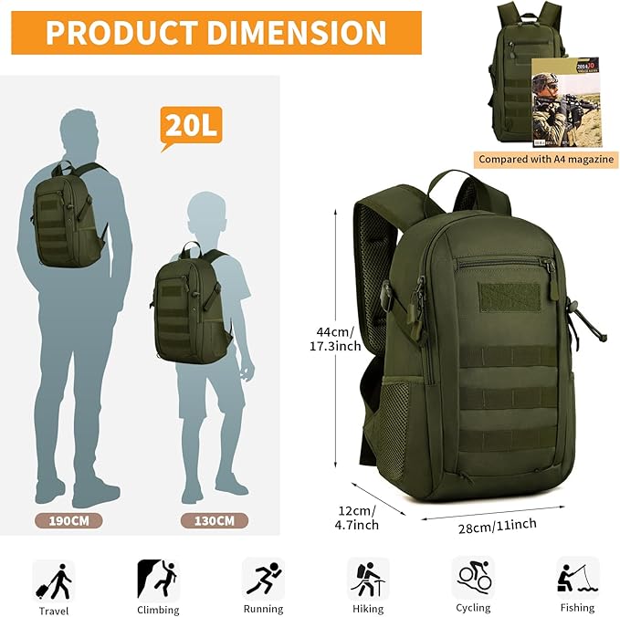 HUNTVP 10L/20L/30L Tactical Backpack Military MOLLE Backpack Rucksack Gear Tactical Assault Pack for Hunting Camping Trekking (20L-Army Green)