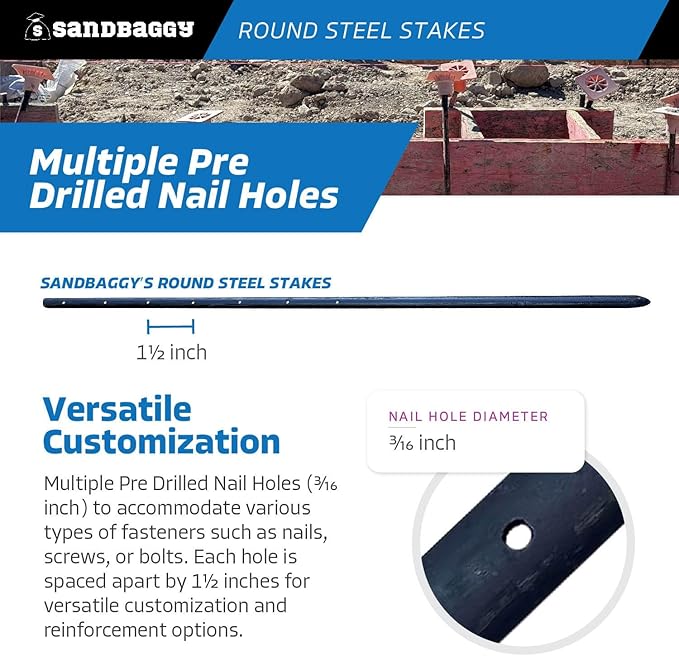 Sandbaggy Round Steel Concrete Form Stakes with Nail Holes - Rust Resistant Coating - Removable, Reusable (100, 3/4 in X 36 in)