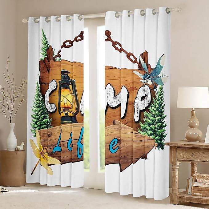 Erosebridal Happy Camping Window Drapes Lodge Cabin Camper Blackout Curtains 52" Wx63 L Rustic Pine Trees Curtains for Bedroom Living Room,Adventure Camp Life Window Treatments 2 Panels
