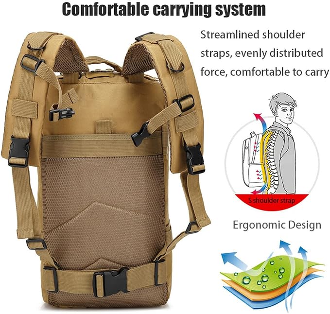 30L Comfortable Durable Military Tactical Backpack w/USA Flag Patch, MOLLE Hiking Camping Travel Bag,(khaki)