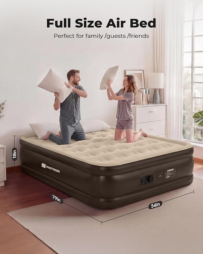 Air Mattress Full with Built in Pump,18'' Raised Blow Up Air Bed, 3 Mins Quick Self-Inflation/Deflation Inflatable Bed for Guests & Home, Outdoor Camping, 600lbs Max（Light Brown）
