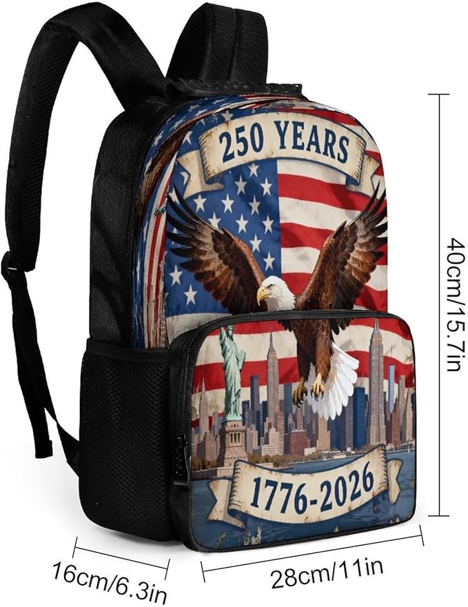 Men Women Polyester 250th Anniversary 1776-2026 Patriotic Eagle Art Backpack Large Capacity Bookbag With Smooth Zippers for Climbing Picnic Bicycle