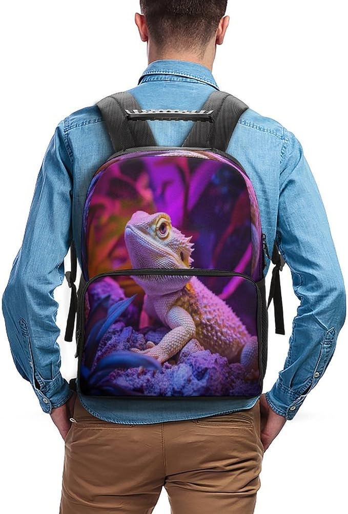 Lightweight Backpack for Gym Travel Bicycle, Big Capacity Multipurpose Anti-Theft Carry On Bag, Purple Art Cool Bearded Dragon Lizards Travel Hiking Bag Day Pack
