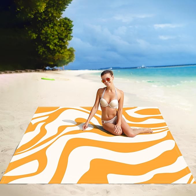 110''×118'' Extra Large Waterproof Sandproof Beach Blanket 8 Adults, Sand Free Outdoor Beach Mat with 4 Stakes & Pockets, Big Compact Picnic Blanket, Essential for Travel, Camping, Summer Vocation