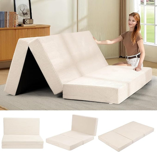 6-Inch Tri-Fold Mattress Queen Size - Foldable Futon Sofa Bed with Removable Washable Cover, Folding Memory Foam Futon Mattress | Non-Slip Bottom & Carry Handles for Guest, Camping, Dorm