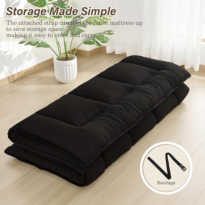 Japanese Floor Mattress Foldable & Portable Roll Up Futon Mattress 3" Black Tatami Mat for Adult and Kids，Shredded Memory Foam Filled with Straps Sleeping Pad Suitable for Camping，60"x 80" Queen Size